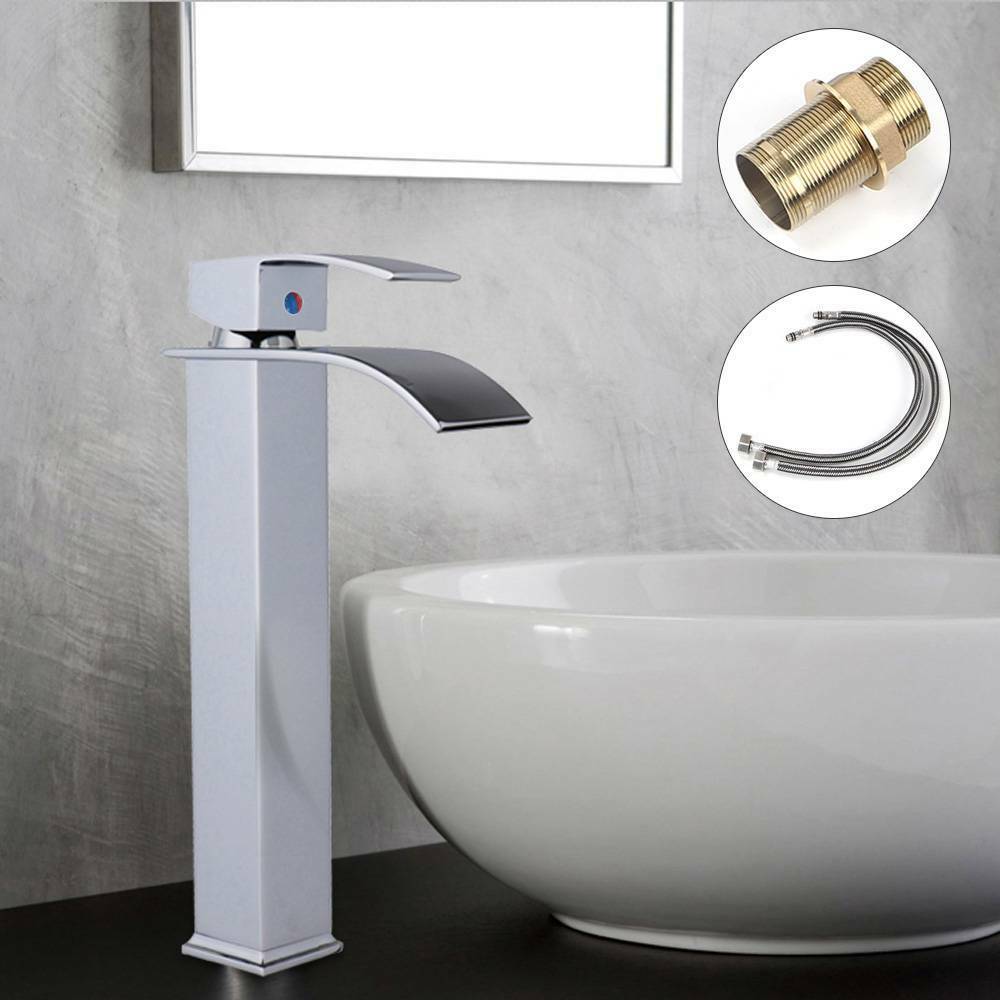 Tall Waterfall Bathroom Taps Basin Sink Mixer Tap Counter Top Chrome Mono Faucet